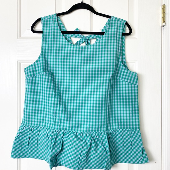 J Crew Printed Bow Back Peplum Tank Top Gingham Blue Green Size L NEW - Picture 4 of 9